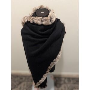 Dino Gaspari Black Cashmere Blend Fur Trim Scarf Shawl Wrap Pom‎ Pom Fringe Wrap